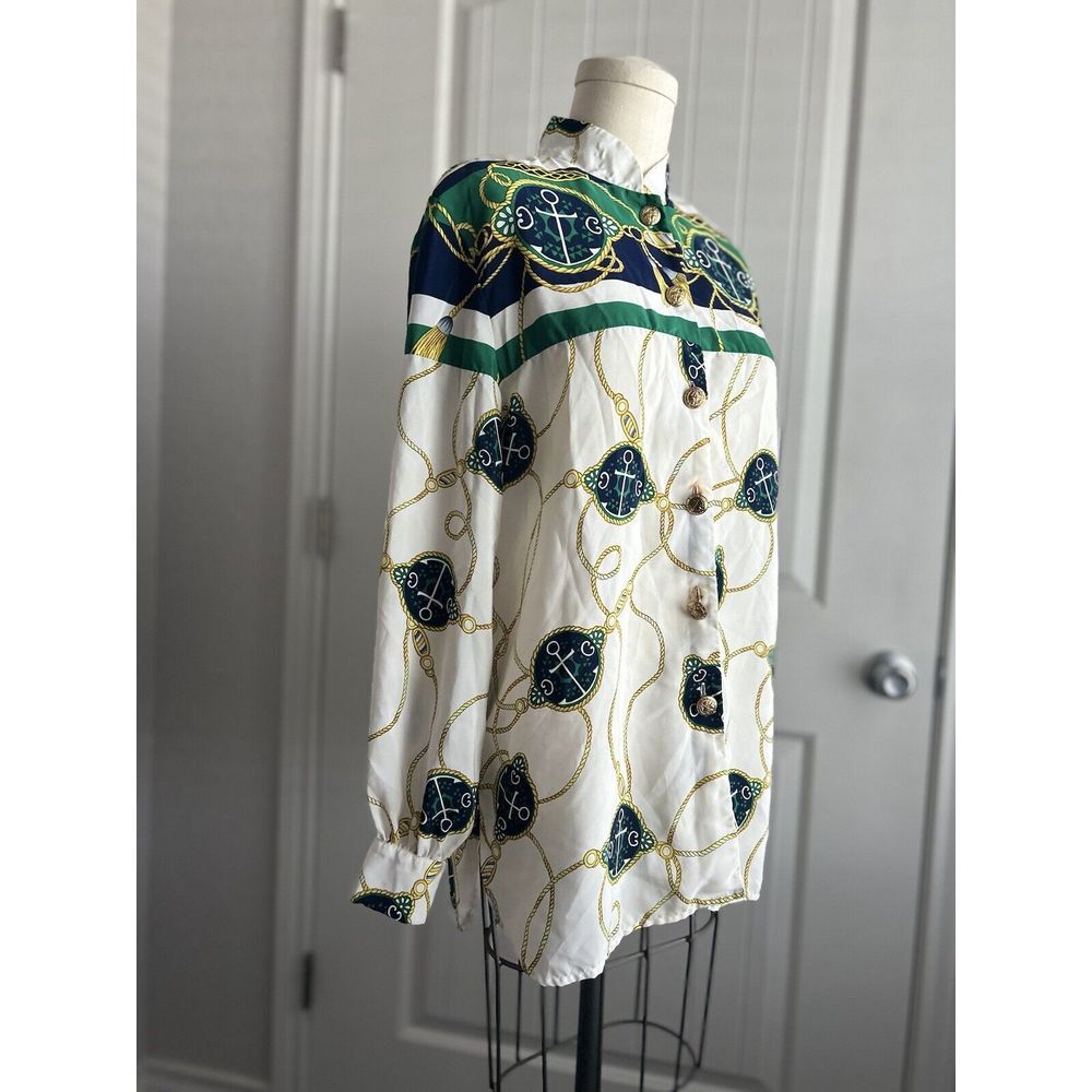 Vintage Boyer‎ Nautical Scarf Print Tunic Blouse Gold Buttons Anchor XL Green